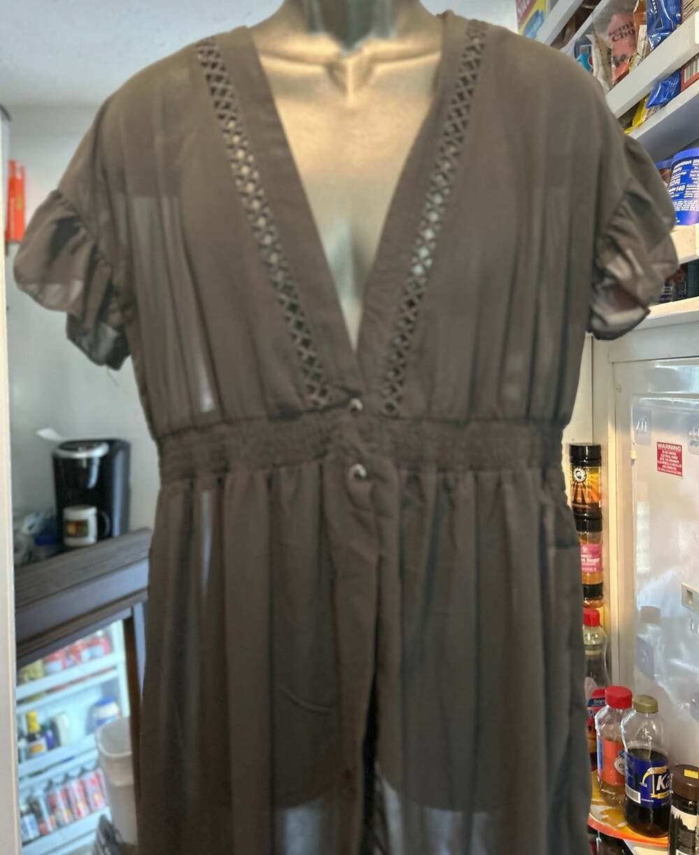 Lucky & Blessed L&B Sheer Black Maxi Kimono Cover-Up Dress with Lace Trim